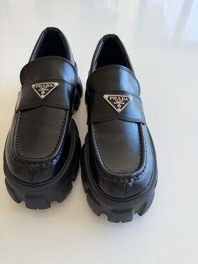 Prada Black Leather Chunky Lug-Sole Penny Loafers